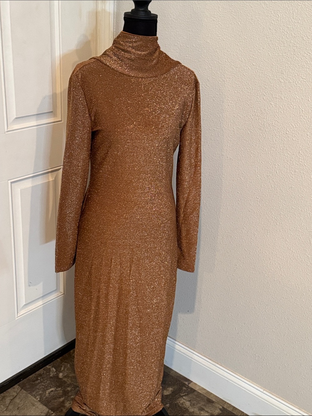 Metallic Copper Turtleneck Long-Sleeve Maxi Dress